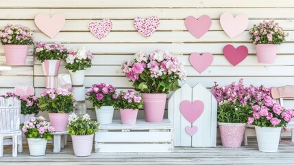 Fototapeta premium Romantic Pink Flowers in Pots Hearts Decorated Porch Setting