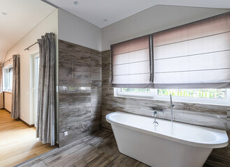 Modern bathroom interior in minimal scandinavian style, 3d render