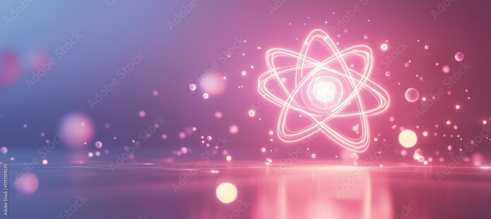 Wall mural glowing atom rotating with electrons and protons in physics science background