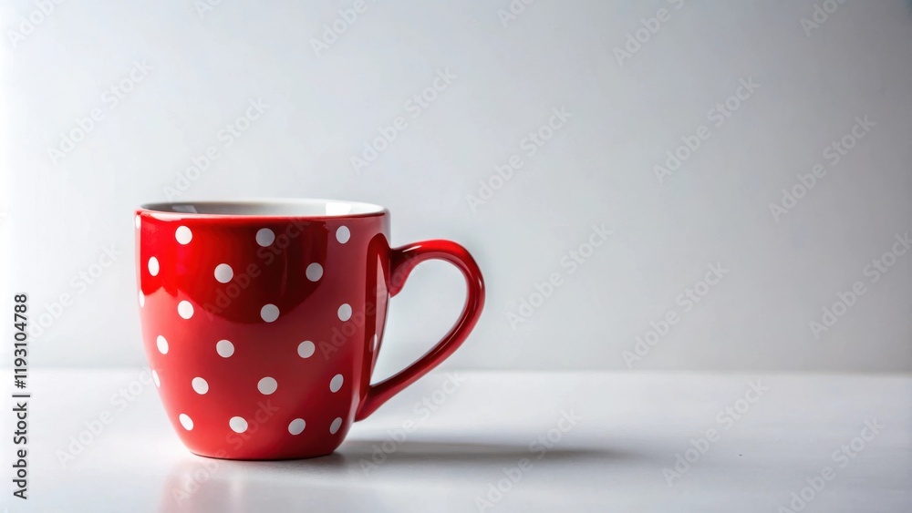Poster a red mug with white polka dots sits on a white surface against a bright background.