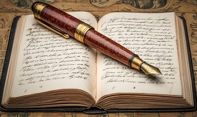 Antique fountain pen on open journal with handwritten text, vintage background.