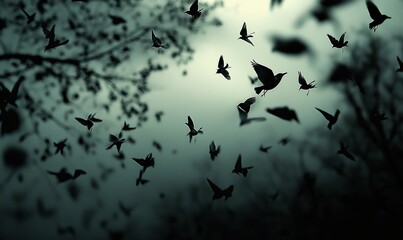 Fototapeta premium Birds flocking in misty forest at dusk, creating eerie atmosphere, ideal for mystery projects.