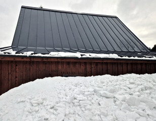 galvanized metal roof in mountains with a bar against rapid sliding of snow. If snow and ice...
