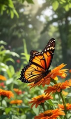 Fototapeta premium A monarch butterfly alights on the vibrant orange petals of a zinnia flower in a sunny summer garden, floral, butterflies, insects