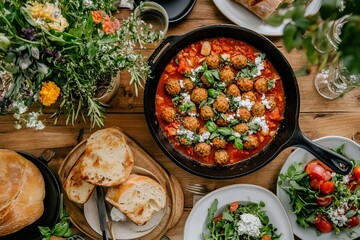Family-style meal featuring plant-based meatballs in tangy tomato sauce with salad and crusty bread in cozy dining setting