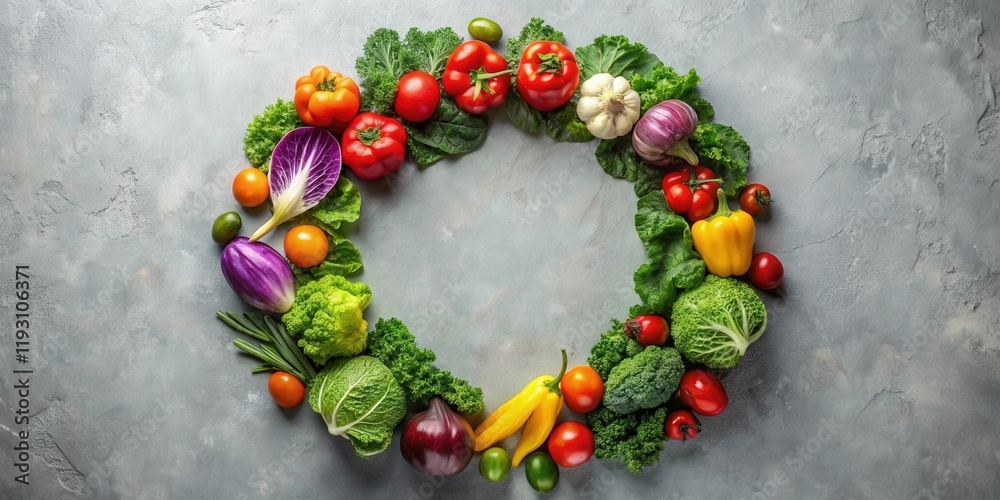 Poster vibrant assortment of fresh vegetables arranged in a circular frame on a textured surface, perfect f