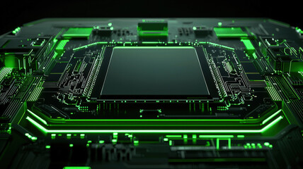 Fototapeta premium A futuristic circuit board design with glowing green elements on a dark background, perfect for tech-related ads, digital products, and innovation-focused marketing. 