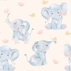 Adorable seamless pattern featuring baby elephants in soft watercolor tones, surrounded by pink daisies and playful yellow snails. This charming design is perfect for children's products, nursery deco