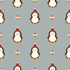 Penguin cartoon so cute. On cupcake background. Pattern seamless vector illustration.