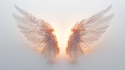 Fototapeta premium A pair of angel wings gently spread open, emitting a soft golden light, placed on a pristine white background. The feathers are finely detailed, glowing at the edges.
