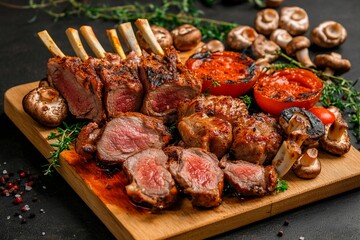 Deliciously grilled lamb chops with mushrooms and herbs on a wooden serving board
