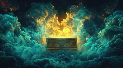 Divine revelation of the ark of the covenant surrounded by celestial flames digital art mystical atmosphere awe-inspiring view