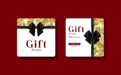 Gift card template with realistic red bow. Certificate, coupon, flyer design. Discount card for shop or boutique. Vector illustration