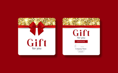 Gift card template with realistic red bow. Certificate, coupon, flyer design. Discount card for shop or boutique. Vector illustration