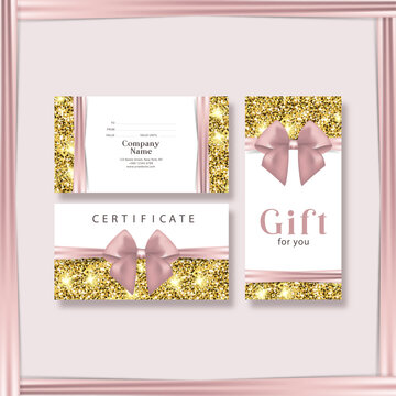 Gift card template with realistic red bow. Certificate, coupon, flyer design. Discount card for shop or boutique. Vector illustration