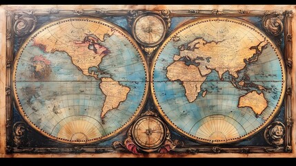 Naklejka premium A detailed antique world map on aged parchment with warm, golden tones.