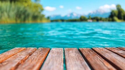 Wooden dock extending over calm turquoise lake water, mountains in background.
