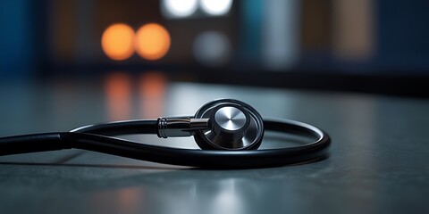 Close-up of a stethoscope on a surface, suitable for medical and healthcare business advertisements