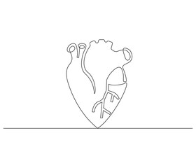 Simple continuous one line drawing of human heart. Single line drawing illustration of heart. Anatomical concept vector art. Doodle line illustration.
