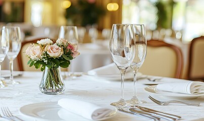 Elegant table setting with flowers in a restaurant banquet hall, ready for a celebration.