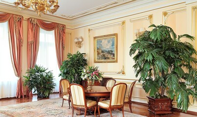Elegant dining room interior with classic furniture, plants, and large windows.