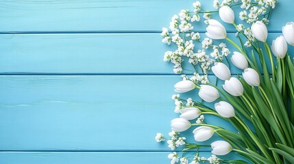 Fototapeta premium Blooming Snowdrop Flowers on a Wooden Background with a Bright Blue Hue, Perfect for Spring and Seasonal Decor