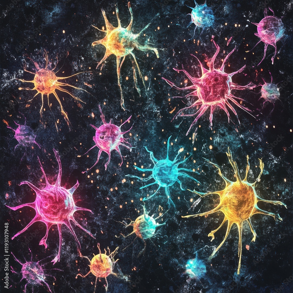 Fototapete magnified colorful viruses displayed in a vibrant scientific representation with intricate details a