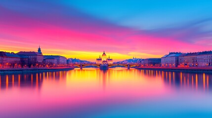 Vibrant sunrise over city river reflecting buildings and bridge.