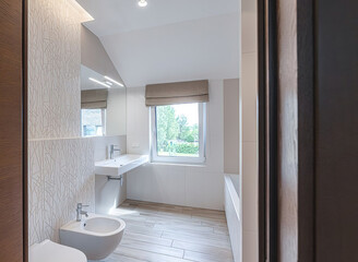 Modern bathroom interior in minimal scandinavian style, 3d render