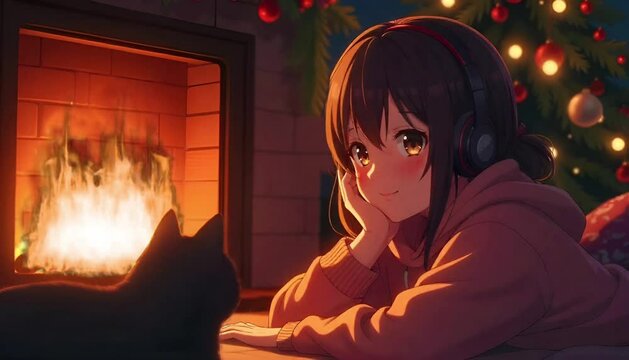 anime woman in the fireplace