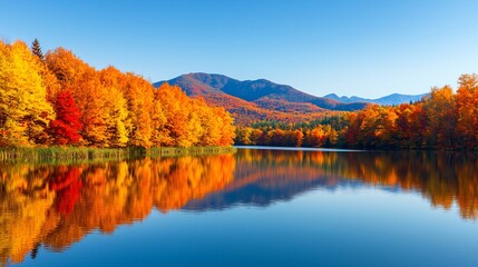 Vibrant autumn foliage reflected in a calm lake, with mountains in the background.