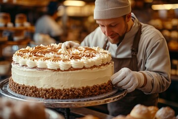 A baker is meticulously applying finishing touches to a large, intricately decorated cake, showcasing his craft in a bustling bakery environment.