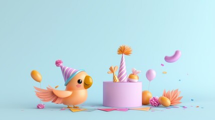 Naklejka premium Cute Parrot Celebrating a Festive Birthday with Party Hat and Colorful Cake in a Bright and Cheerful Atmosphere
