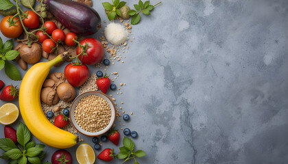 Collection of mixed fruits and vegtable overhead view flat lay