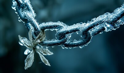 Frozen chain with ice and delicate plant in blurred background, winter scene.