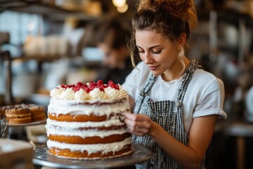 A young woman wearing a striped apron skillfully decorates a tall, layered cake with icing and raspberries, showcasing her passion for baking in a bustling kitchen.