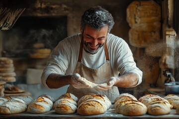 Fototapeta premium An absorbed baker in a warmly lit bakery focuses intently on shaping dough with his hands, rows of golden-brown loaves visible on the wooden table in front.