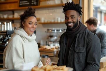 A happy couple enjoys coffee together in a local café, capturing the joy and warmth of friendship and the comfort of a favorite community spot.