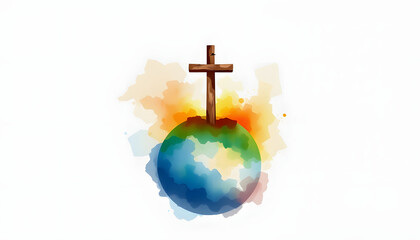 Watercolor illustration of a Christian cross on earth on a white background. Digital painting, color sketch