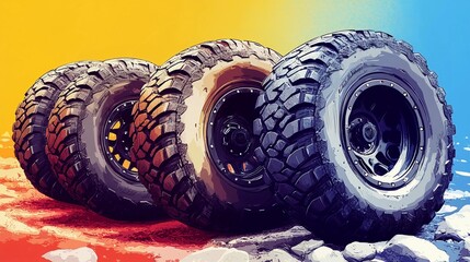 Fototapeta premium Aggressive off-road tire with deep grooves for advanced traction in challenging conditions style book illustration