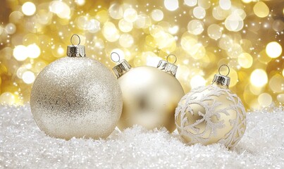 Gold Christmas ornaments on snow with bokeh background, holiday card image.