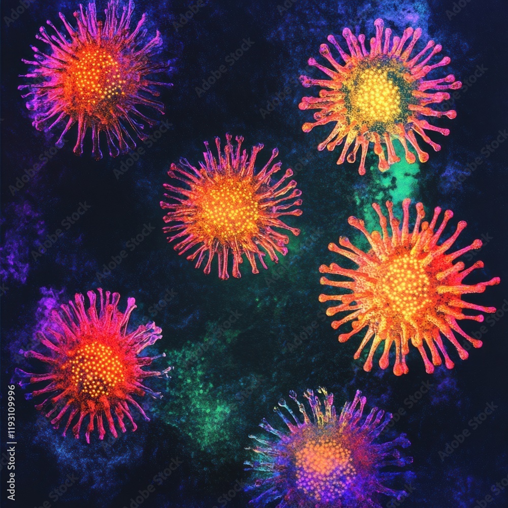 Aufkleber magnified depiction of colorful viruses in a vibrant and scientific representation. generative ai