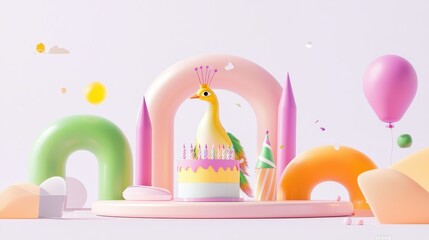 Festive Peacock Party Scene with Colorful Decorations and Cake in a Playful Environment