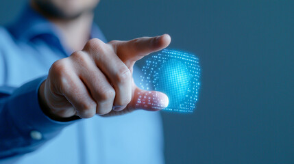 A person interacts with a digital hologram, showcasing advanced technology in a modern setting.