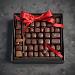 A box of chocolates with a red bow tied around it, colorful, gift, sweet