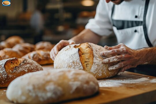 A focused baker wearing a chef's uniform shapes a loaf of artisan bread on a flour-covered table, highlighting the skilled craftsmanship involved in bread making.