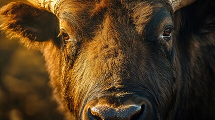 The mighty buffalo's intense gaze is highlighted as the warm, golden light delicately grazes...