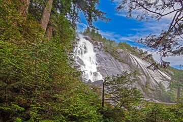 Shannon Falls near Vancouver with dramatic water cascade and green forest