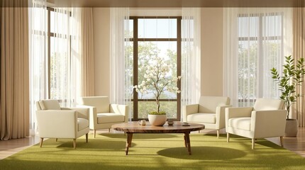 Fototapeta premium A small potted tree with a single white flower in the center of a cozy room, flowers, small furniture