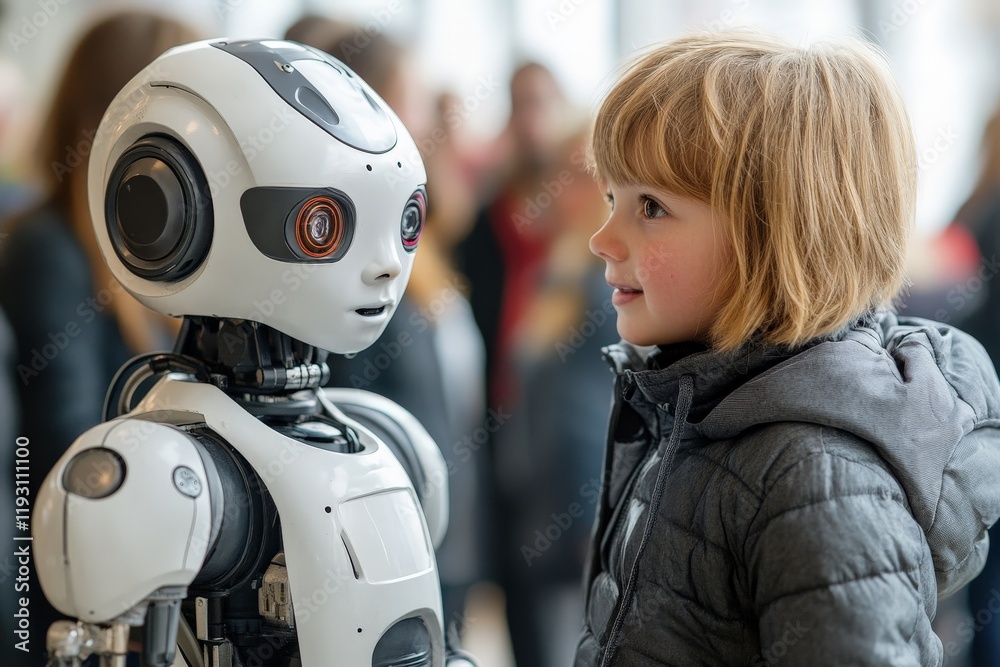 Aufkleber a young child engages with a humanoid robot, surrounded by a crowd of onlookers, indicating curiosit